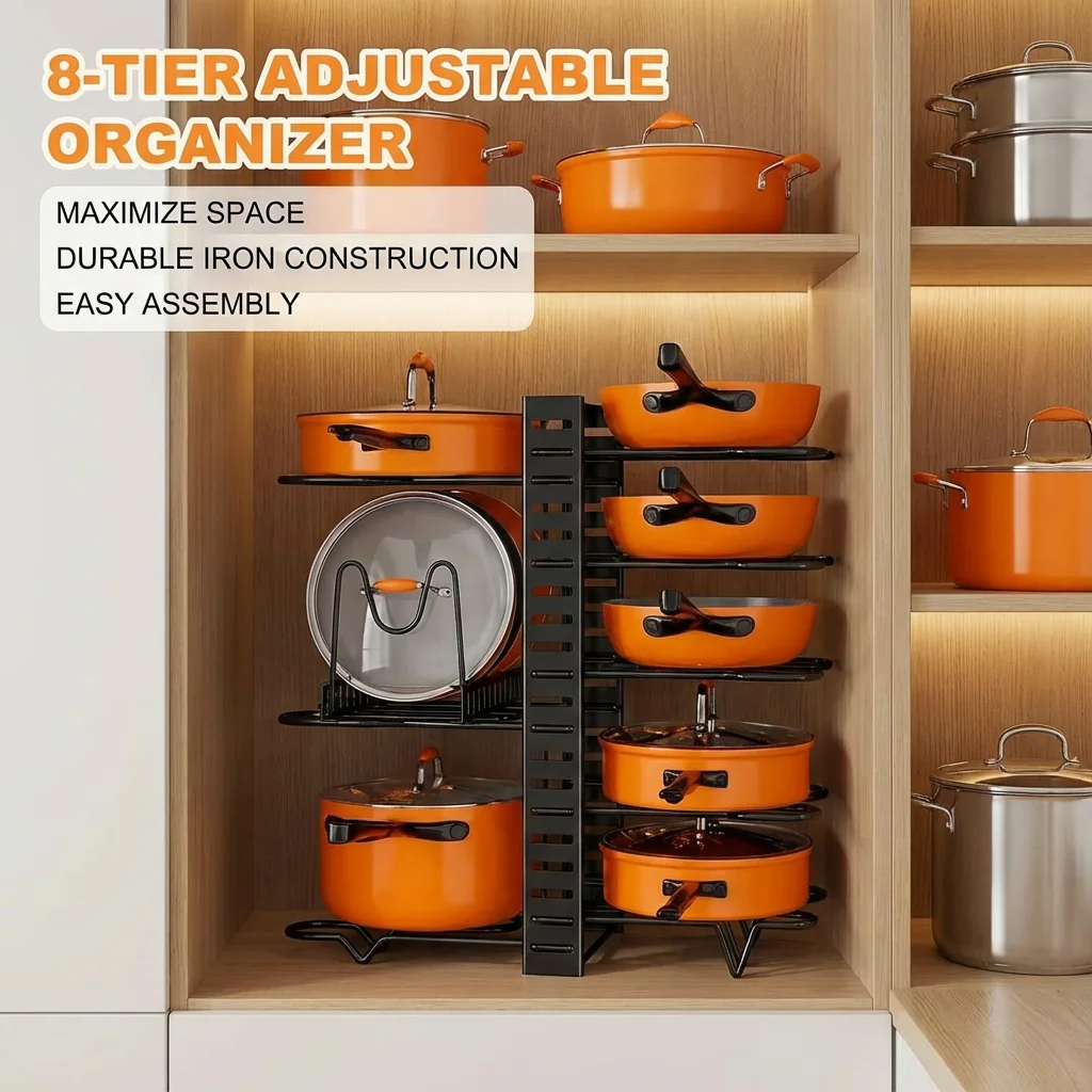 Kitchen Gadgets Store - 8-Tier Space-Saving Pot Rack Organizer: Durable